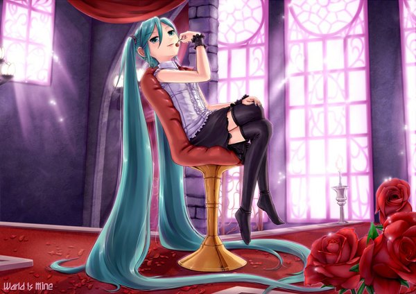 Anime picture 1024x724 with vocaloid hatsune miku r.p.s single sitting twintails looking away very long hair aqua eyes aqua hair crossed legs girl thighhighs skirt flower (flowers) black thighhighs petals food berry (berries) cherry