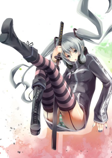 Anime picture 1447x2046 with vocaloid hatsune miku jijii48 single long hair tall image looking at viewer blue eyes light erotic twintails nail polish grey hair headphones around neck girl thighhighs underwear panties weapon sword jacket