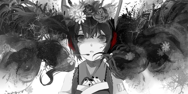 Anime picture 2000x1000 with vocaloid nisoku hokou (vocaloid) hatsune miku winni single long hair looking at viewer highres open mouth black hair wide image bare shoulders nail polish hair flower black eyes teeth hand on chest monochrome alternate hair color girl