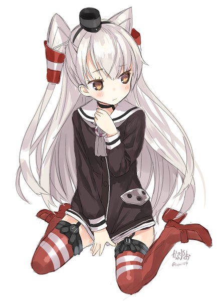 Anime picture 1102x1500 with kantai collection amatsukaze destroyer capriccio single long hair tall image blush fringe simple background white background sitting brown eyes signed looking away silver hair full body two side up wariza girl thighhighs