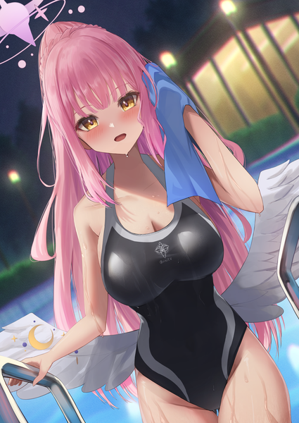 Anime picture 2508x3541 with blue archive mika (blue archive) amane sora single long hair tall image looking at viewer blush fringe highres breasts open mouth light erotic large breasts standing holding yellow eyes pink hair sky cleavage