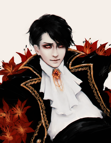 Anime picture 831x1074 with shingeki no kyojin production i.g levi (rivaille) omurizer single tall image looking at viewer short hair black hair simple background red eyes white background lips realistic alternate costume vampire boy flower (flowers) neckerchief brooch