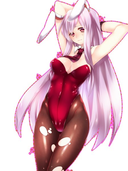 Anime picture 1080x1440 with touhou reisen udongein inaba yutazou single long hair tall image breasts light erotic simple background red eyes white background purple hair bunny ears bunny girl girl bunnysuit