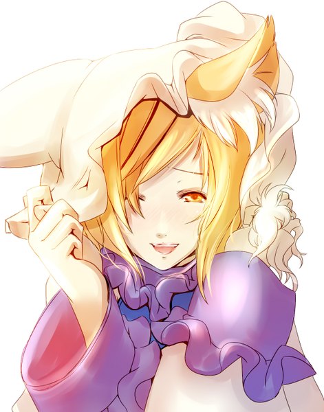 Anime picture 1100x1400 with touhou yakumo ran dearmybrothers tall image short hair blonde hair animal ears yellow eyes one eye closed wink girl hat