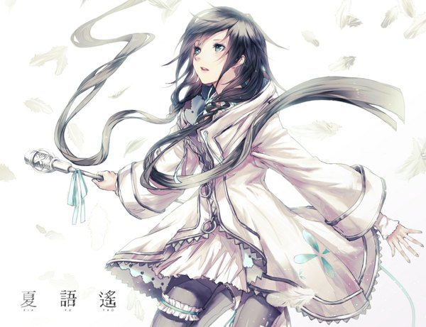 Anime picture 988x760 with utau xia yu yao applekun single fringe open mouth black hair twintails holding aqua eyes fingernails wide sleeves low twintails girl dress ribbon (ribbons) pantyhose hood microphone