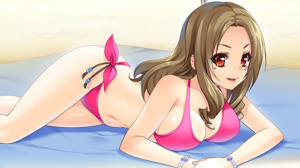 Anime picture 1280x720 with tsuyokiss next long hair looking at viewer open mouth light erotic smile red eyes brown hair wide image game cg lying beach girl swimsuit bikini bracelet