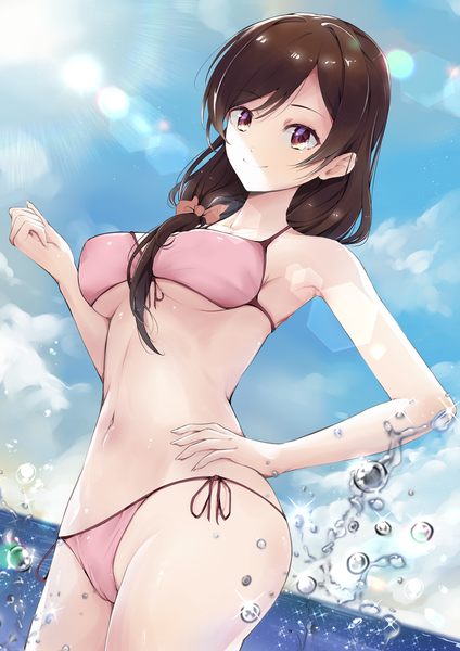 イラスト 4960x7023 と 彼女、お借りします 水原千鶴 chark14 ソロ 長髪 長身像 カメラ目線 前髪 highres おっぱい light erotic 茶色の髪 大きな乳房 立つ 茶目 absurdres 空 cloud (clouds) outdoors sunlight