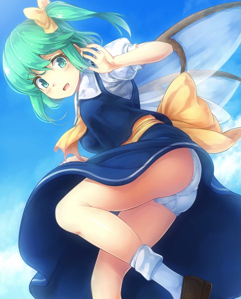 Anime picture 860x1065 with touhou daiyousei komimiyako single tall image looking at viewer blush short hair open mouth light erotic green eyes green hair one side up girl dress underwear panties bow hair bow wings
