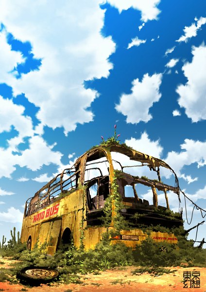 Anime picture 827x1169 with original tokyogenso tall image sky cloud (clouds) no people plant (plants) ground vehicle bus