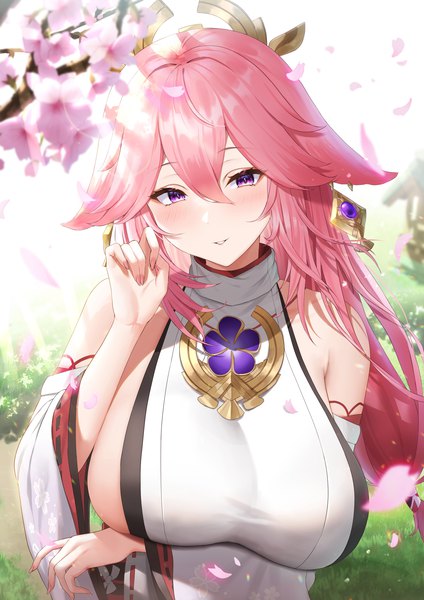 Anime picture 1447x2047 with genshin impact yae miko futon fly away single long hair tall image looking at viewer blush fringe breasts light erotic smile hair between eyes purple eyes bare shoulders animal ears pink hair outdoors traditional clothes parted lips