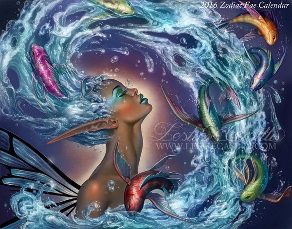 Anime picture 1100x864 with calendar project (enchantress-lele) aquarius (calendar project) enchantress-lele single eyes closed lips pointy ears lipstick dark skin eyeshadow makeup insect wings girl animal wings water fish (fishes)