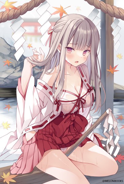 Anime picture 679x1000 with original melonbooks hoshino koucha single long hair tall image looking at viewer blush fringe breasts open mouth light erotic large breasts sitting cleavage bent knee (knees) blunt bangs long sleeves traditional clothes japanese clothes