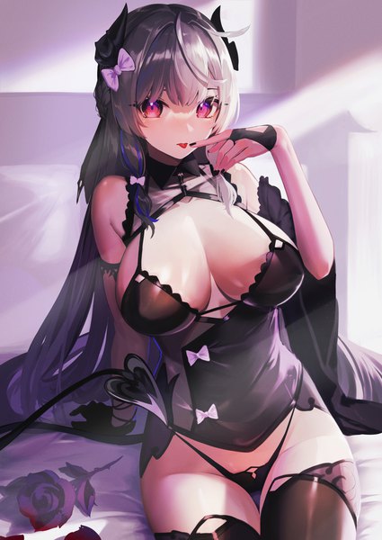 Anime picture 1506x2126 with original celeryma single long hair tall image looking at viewer fringe breasts light erotic red eyes large breasts sitting bare shoulders ahoge tail blunt bangs nail polish horn (horns) grey hair wide sleeves