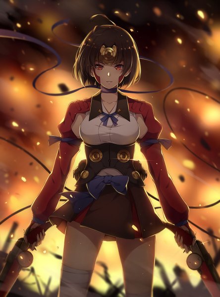Anime picture 1004x1355 with koutetsujou no kabaneri wit studio mumei (kabaneri) kiyo (chaoschyan) single tall image looking at viewer fringe short hair breasts smile hair between eyes red eyes brown hair large breasts standing holding ahoge outdoors parted lips