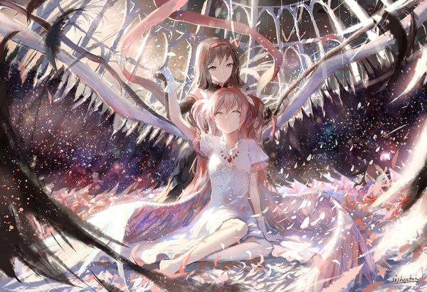 Anime picture 1800x1234 with mahou shoujo madoka magica shaft (studio) akemi homura kaname madoka goddess madoka akuma homura sishenfan long hair fringe highres black hair smile hair between eyes red eyes sitting twintails multiple girls signed yellow eyes payot