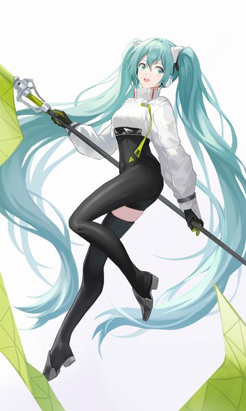 Anime picture 1754x2928 with vocaloid goodsmile racing hatsune miku racing miku racing miku (2022) sensu single tall image fringe highres open mouth simple background hair between eyes white background twintails full body very long hair :d aqua eyes aqua hair