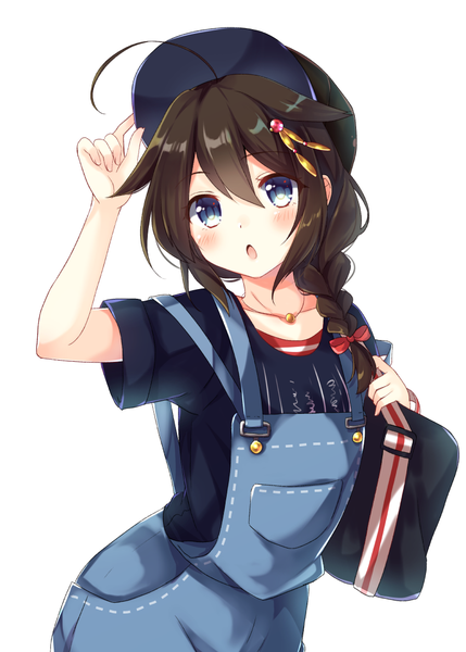 Anime picture 777x1087 with kantai collection shigure destroyer emilion single long hair tall image looking at viewer blush fringe open mouth blue eyes simple background hair between eyes brown hair white background ahoge upper body braid (braids) :o single braid