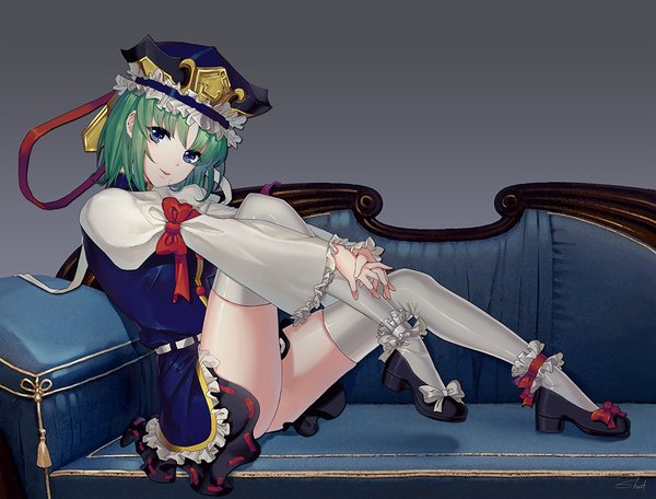 Anime picture 1000x761 with touhou shikieiki yamaxanadu lemeiet (sablecat) single looking at viewer short hair blue eyes light erotic green hair grey background legs girl thighhighs dress hat white thighhighs shoes frills couch
