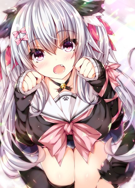 Anime picture 2618x3652 with original oziko (ojitcha) ojitcha single long hair tall image looking at viewer blush fringe highres open mouth hair between eyes sitting purple eyes animal ears tail animal tail grey hair cat ears cat girl