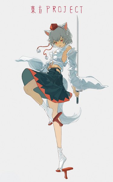 Anime picture 1200x1926 with touhou inubashiri momiji tss-mire single tall image fringe short hair simple background hair between eyes red eyes standing animal ears full body tail animal tail grey hair grey background copyright name standing on one leg wolf ears