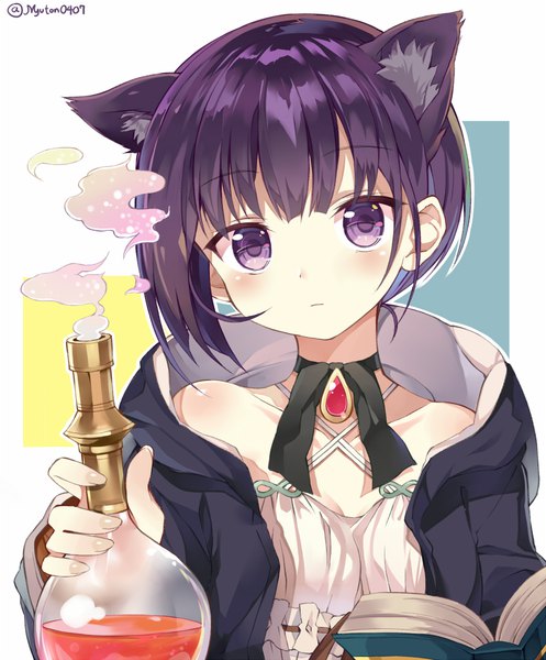 Anime picture 828x1000 with original myuton single tall image looking at viewer blush short hair simple background purple eyes holding signed animal ears purple hair upper body fingernails cat ears cat girl twitter username expressionless steam