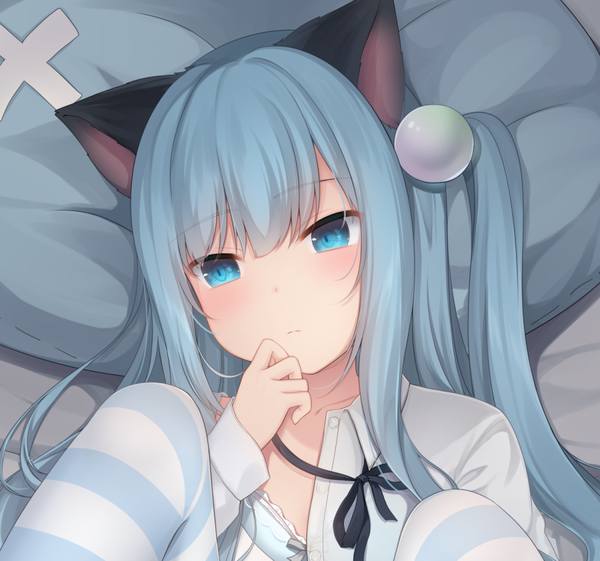 Anime picture 1000x935 with original nekoha shizuku nachi single long hair blush fringe blue eyes hair between eyes animal ears payot blue hair looking away upper body lying cat ears on back one side up hand to mouth girl