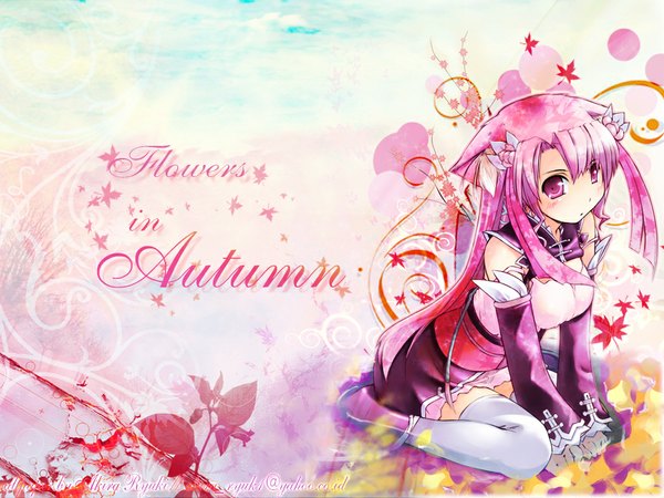 Anime picture 1024x768 with sangokushi taisen xiao qiao (sangokushi taisen) jirou (chekoro) akira ryuki single long hair looking at viewer blush sitting signed animal ears pink hair full body pink eyes inscription wallpaper wariza third-party edit girl thighhighs