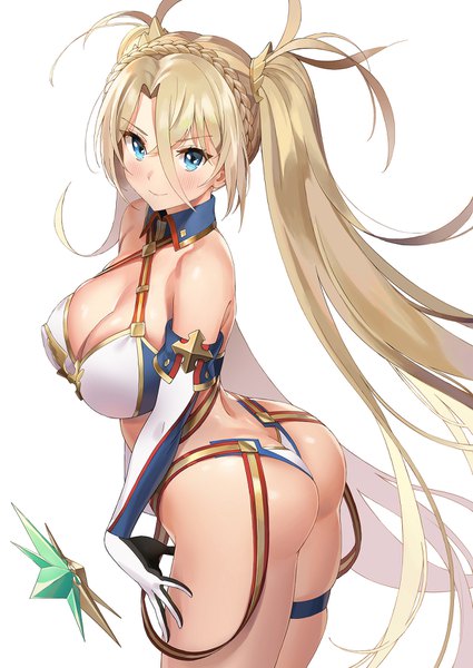Anime picture 1200x1694 with fate (series) fate/grand order bradamante (fate/grand order) ame (uten cancel) single tall image looking at viewer blush fringe breasts blue eyes light erotic simple background blonde hair smile hair between eyes large breasts standing white background twintails