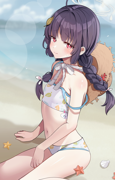 Anime picture 2094x3272 with blue archive miyu (blue archive) miyu (swimsuit) (blue archive) musson single long hair tall image looking at viewer blush highres light erotic black hair red eyes sitting ahoge outdoors beach lens flare official alternate costume wariza