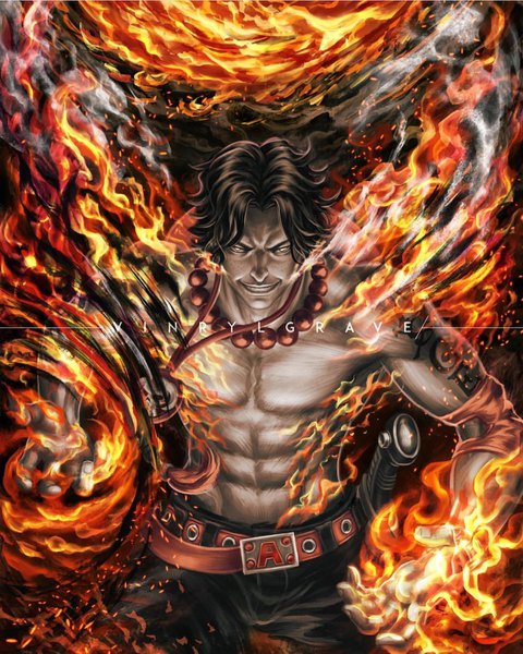 Anime picture 1242x1553 with one piece toei animation portgas d. ace vinrylgrave single tall image looking at viewer short hair black hair smile standing signed tattoo grin topless smoke muscle silver eyes hat removed headwear removed