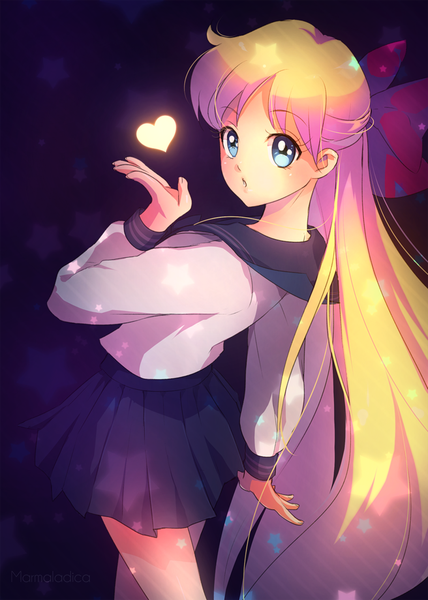 Anime picture 800x1120 with bishoujo senshi sailor moon toei animation aino minako marmalade (elfless vanilla) single tall image looking at viewer blue eyes simple background blonde hair very long hair pleated skirt looking back arm up dark background half updo walking girl skirt uniform