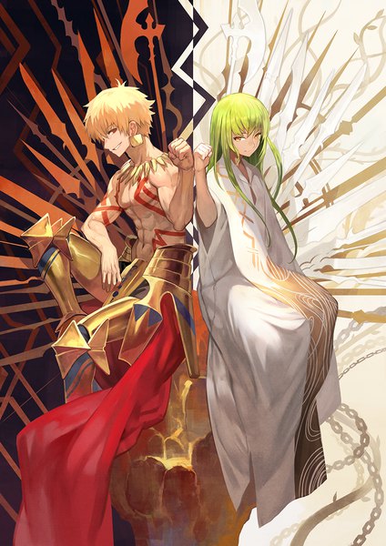 Anime picture 919x1300 with fate (series) fate/grand order fate/strange fake gilgamesh (fate) enkidu (fate) lack long hair tall image looking at viewer short hair blonde hair smile red eyes sitting yellow eyes profile green hair multiple boys tattoo muscle