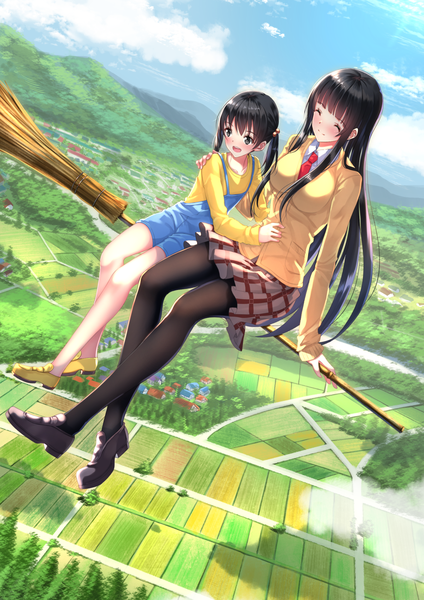 Anime picture 1102x1560 with flying witch j.c. staff kowata makoto kuramoto chinatsu swordsouls long hair tall image blush fringe breasts open mouth black hair smile large breasts twintails multiple girls holding looking away sky cloud (clouds)