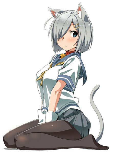 Anime picture 600x800 with kantai collection hamakaze destroyer chikuishi (artist) single tall image blush fringe short hair breasts blue eyes simple background white background sitting animal ears looking away bent knee (knees) tail animal tail pleated skirt grey hair