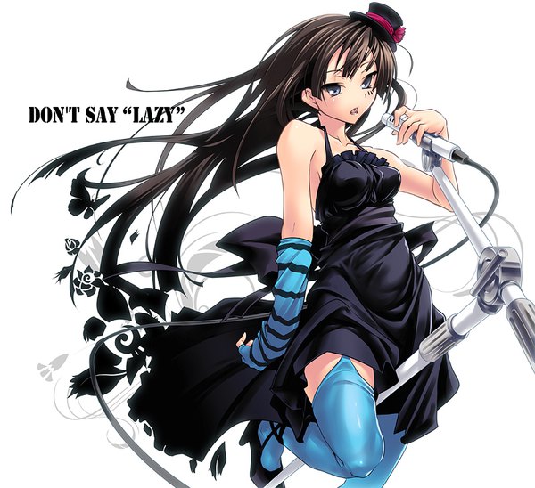 Anime picture 800x731 with k-on! kyoto animation akiyama mio nilitsu single long hair simple background brown hair standing white background looking away standing on one leg singing don't say "lazy" girl thighhighs dress hat black dress microphone