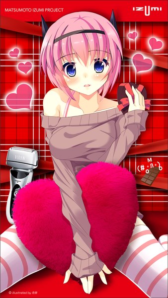 Anime picture 1081x1920 with original matumoto izumi single tall image looking at viewer blush fringe short hair breasts open mouth blue eyes bare shoulders pink hair off shoulder inscription girl thighhighs food heart hairband