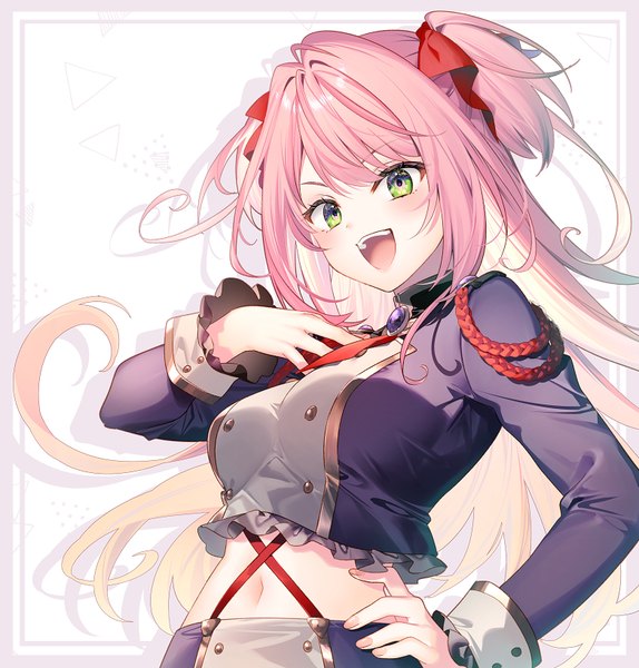 Anime picture 783x819 with hikikomari kyuuketsuki no monmon project no.9 nelia cunningham riichu single long hair tall image open mouth green eyes looking away pink hair upper body :d shadow midriff two side up hand on hip border hand on chest outside border
