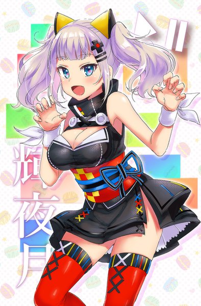 Anime picture 850x1293 with virtual youtuber the moon studio kaguya luna kl single long hair tall image looking at viewer blush fringe breasts open mouth blue eyes light erotic simple background standing twintails payot cleavage silver hair