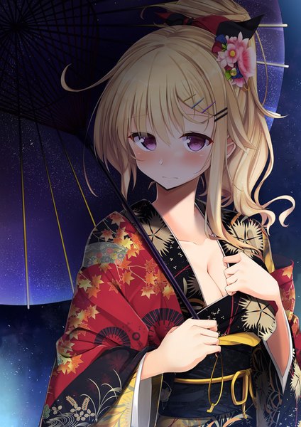Anime picture 706x1000 with original sasahara wakaba single long hair tall image looking at viewer blush fringe breasts light erotic blonde hair hair between eyes standing purple eyes cleavage upper body outdoors ponytail traditional clothes japanese clothes