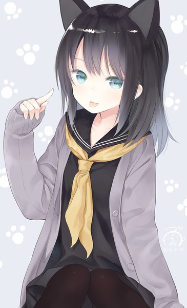 Anime picture 914x1500 with original capriccio single tall image short hair simple background animal ears multicolored hair cat ears gradient hair :p paw print girl uniform pantyhose serafuku tongue cardigan neckerchief