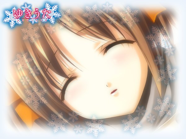 Anime picture 1280x960 with yukiuta imai yuki fumio (ura fmo) single blush short hair brown hair eyes closed copyright name close-up face girl snowflake (snowflakes)