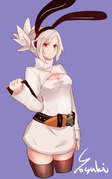 Anime picture 1107x1771 with league of legends riven (league of legends) yosuki (artist) single tall image looking at viewer short hair simple background red eyes animal ears grey hair bunny ears purple background girl thighhighs black thighhighs belt sweater turtleneck open-chest turtleneck