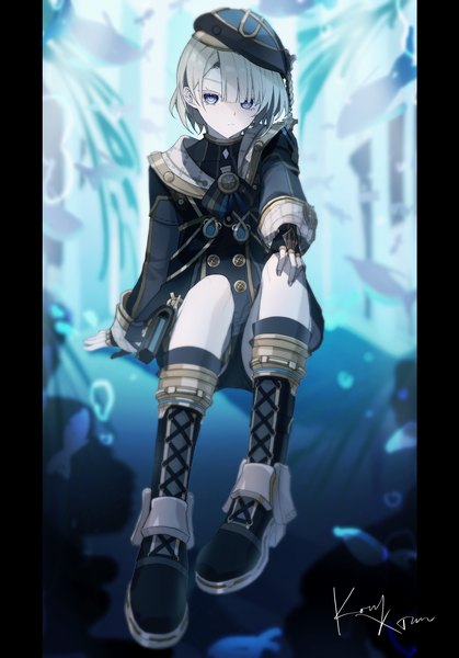 Anime picture 2095x3000 with genshin impact freminet (genshin impact) kongxian single tall image looking at viewer fringe highres short hair blue eyes sitting signed grey hair hand on knee double buttons freckles pillarboxed boy beret buttons