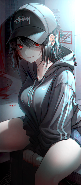 Anime picture 2558x5782 with original noubin single tall image looking at viewer fringe highres short hair black hair hair between eyes red eyes sitting long sleeves light smile mole arm support mole under eye piercing ear piercing blood on face