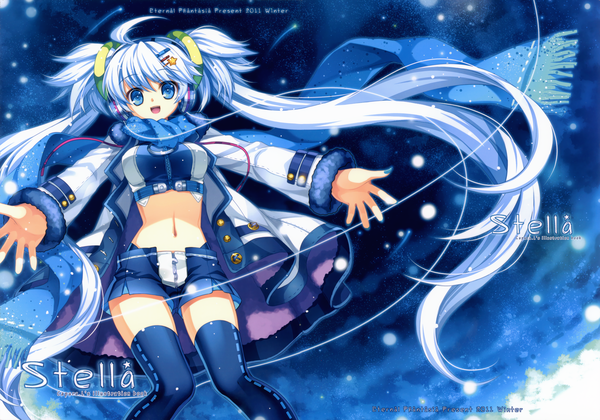 Anime picture 5034x3532 with original capura lin single long hair highres open mouth blue eyes twintails blue hair absurdres ahoge nail polish night night sky fur trim spread arms girl thighhighs navel hair ornament