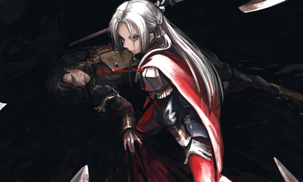 Anime picture 900x540 with fire emblem fire emblem: three houses nintendo edelgard von hresvelg hubert von vestra suikomu now long hair looking at viewer fringe short hair wide image standing purple eyes signed white hair lying hair over one eye on back twitter username fighting stance