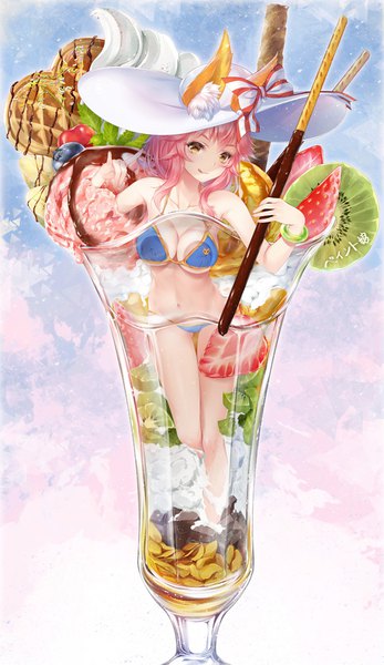 Anime picture 586x1013 with fate (series) fate/grand order tamamo (fate) (all) tamamo no mae (fate) tamamo no mae (swimsuit lancer) (fate) paint musume single long hair tall image looking at viewer blush fringe breasts light erotic hair between eyes bare shoulders holding signed animal ears yellow eyes