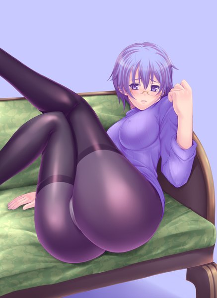 Anime picture 1517x2080 with original taru neko tall image short hair light erotic purple eyes blue hair ass girl pantyhose glasses couch