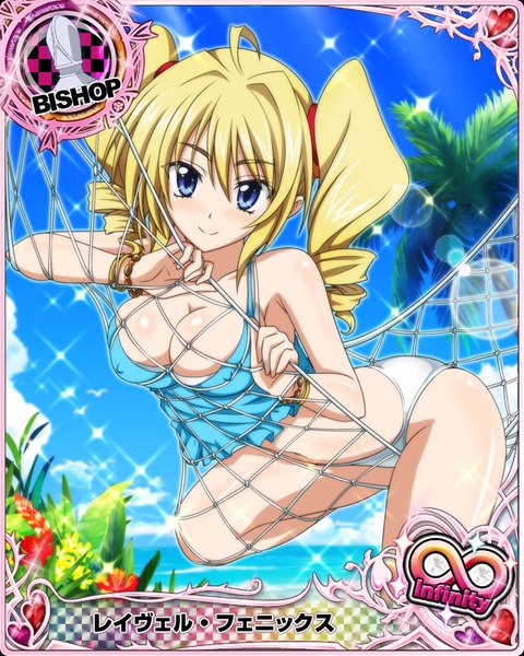 Anime picture 640x800 with highschool dxd ravel phenex single long hair tall image looking at viewer blush breasts blue eyes light erotic blonde hair smile twintails drill hair card (medium) girl flower (flowers) swimsuit bikini