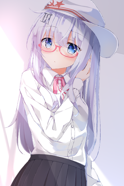 Anime picture 799x1200 with kantai collection hibiki destroyer verniy destroyer niruanu (nitayam) single long hair tall image looking at viewer blush fringe blue eyes simple background hair between eyes standing payot silver hair long sleeves head tilt pleated skirt sunlight